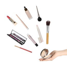 Image of Woman holding powder on white background, closeup. Other makeup products flying away