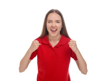 Photo of Emotional sports fan celebrating on white background