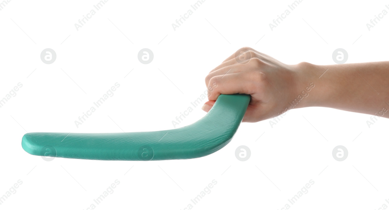 Photo of Woman holding turquoise boomerang on white background, closeup