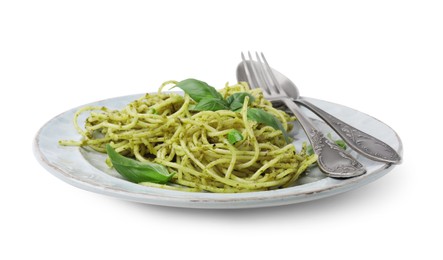 Delicious pasta with pesto sauce, basil and cutlery on white background