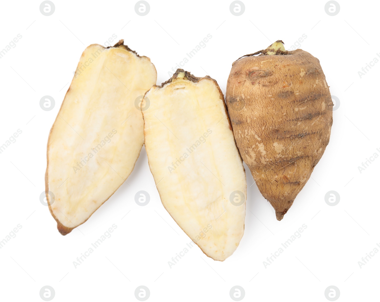 Photo of Whole and cut tubers of turnip rooted chervil isolated on white, top view