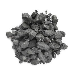 Photo of Heap of coal isolated on white, top view. Mineral deposits