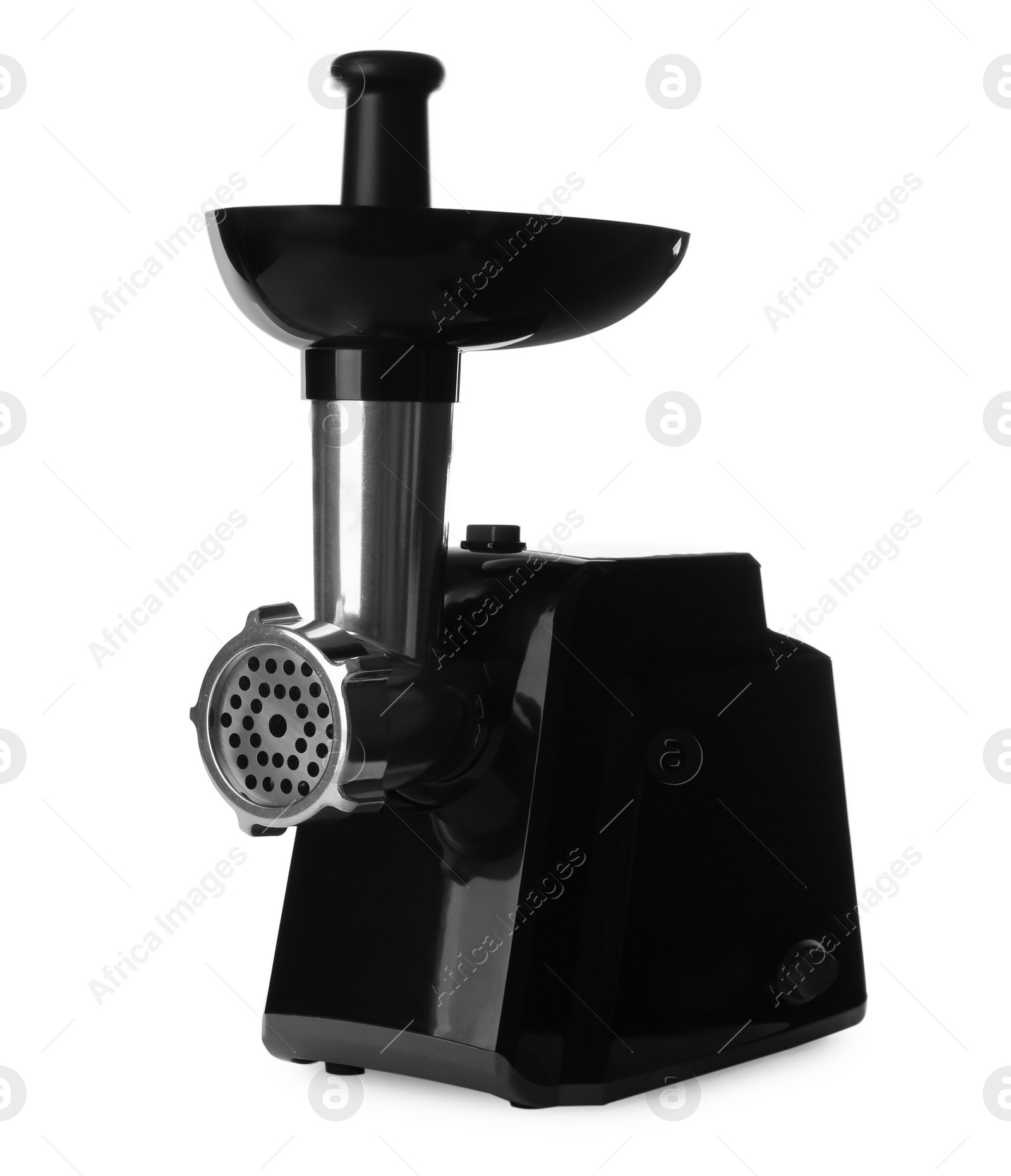 Photo of Stylish electric meat grinder isolated on white. Kitchen device