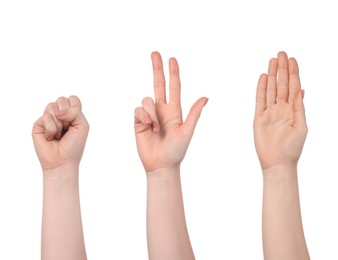 People playing rock, paper and scissors on white background, closeup