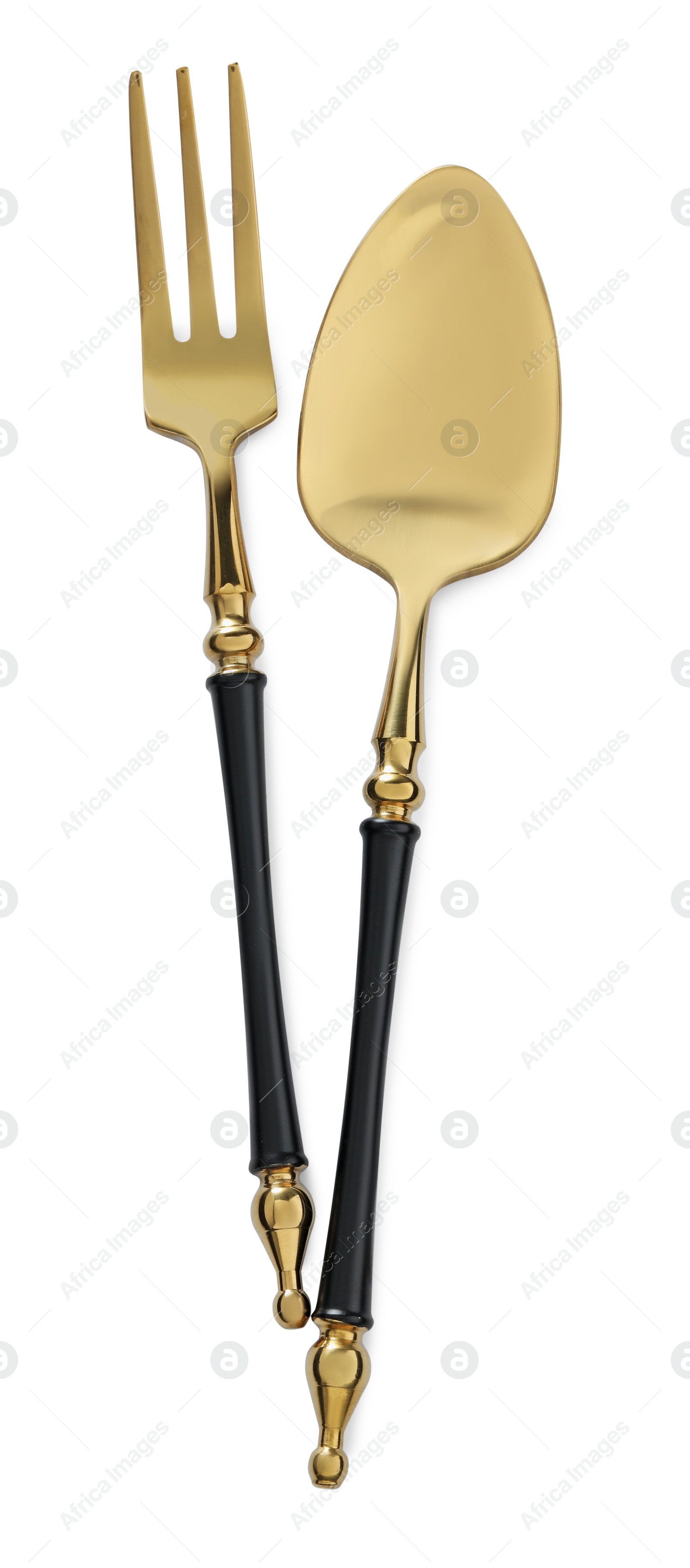 Photo of Spoon and fork isolated on white, top view. Stylish shiny cutlery set