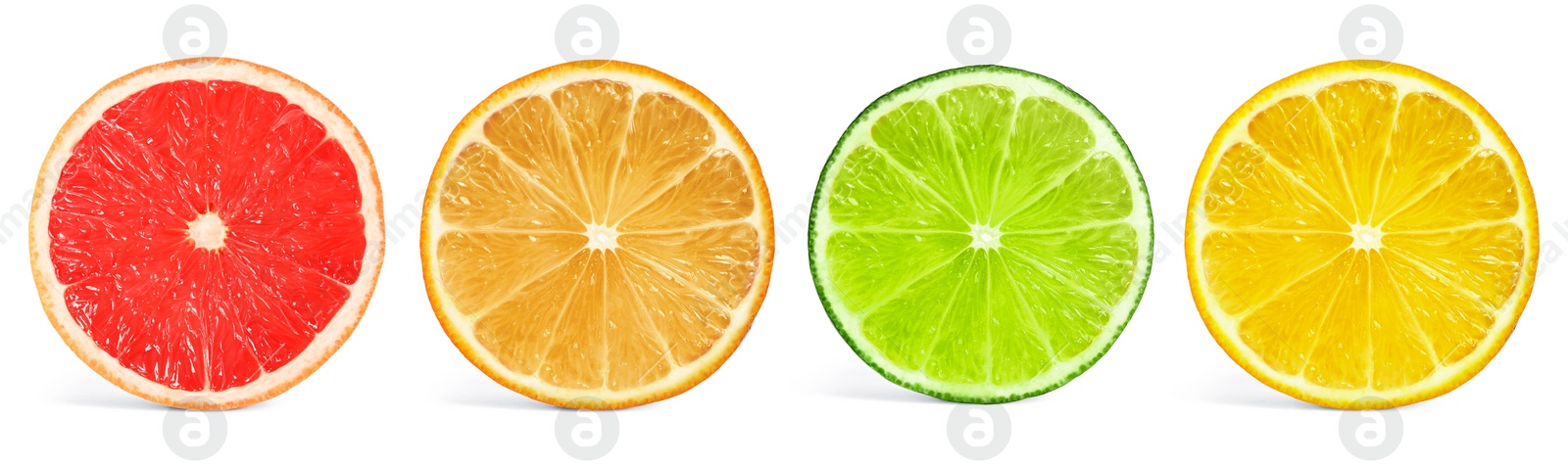 Image of Set of different citrus slices on white background, top view. Banner design