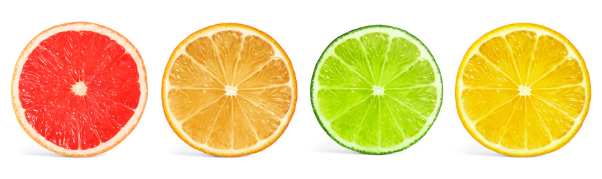 Image of Set of different citrus slices on white background, top view. Banner design