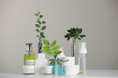 Photo of Many containers and glass tubes with leaves on white table against light grey background