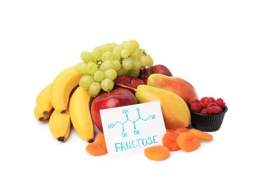 Photo of Card with word Fructose, delicious ripe fruits, raspberries and dried apricots isolated on white