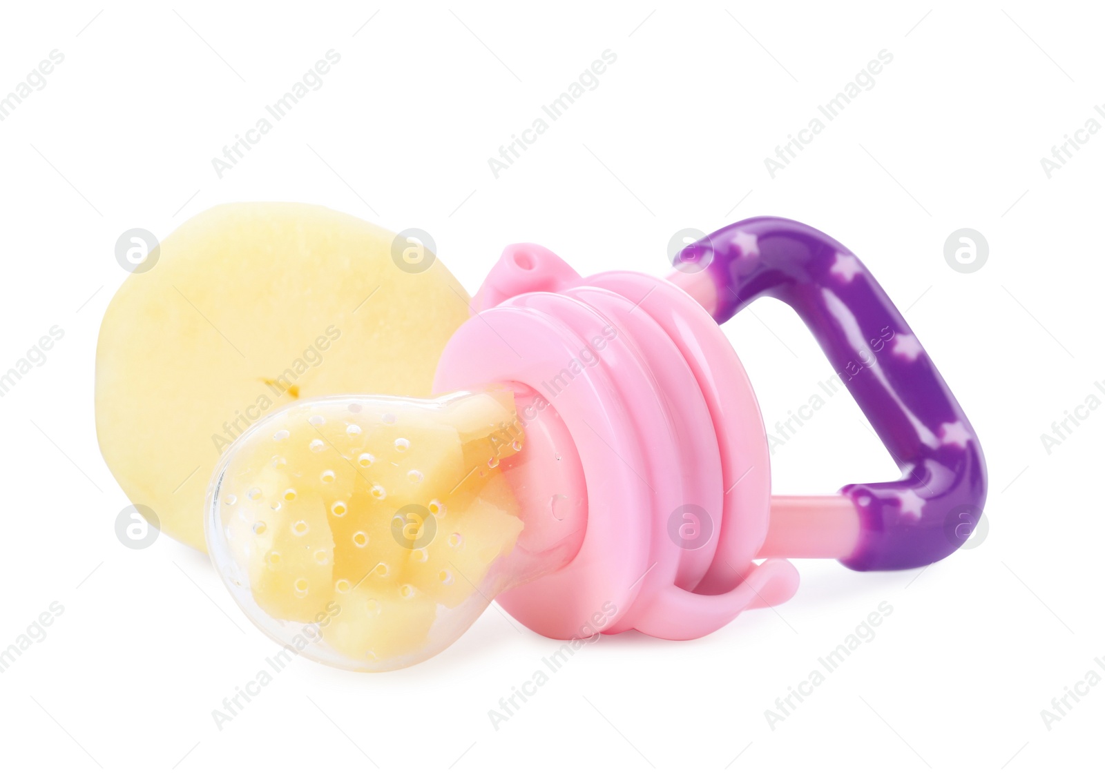 Photo of Nibbler with boiled potato on white background. Baby feeder