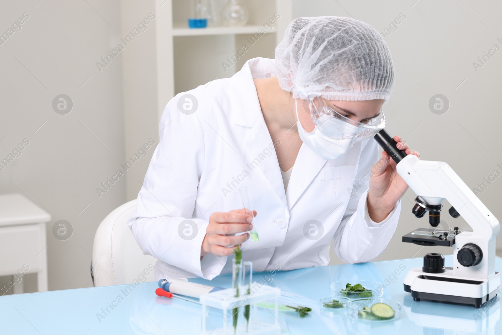 Photo of Quality control. Food inspector checking safety of products in laboratory