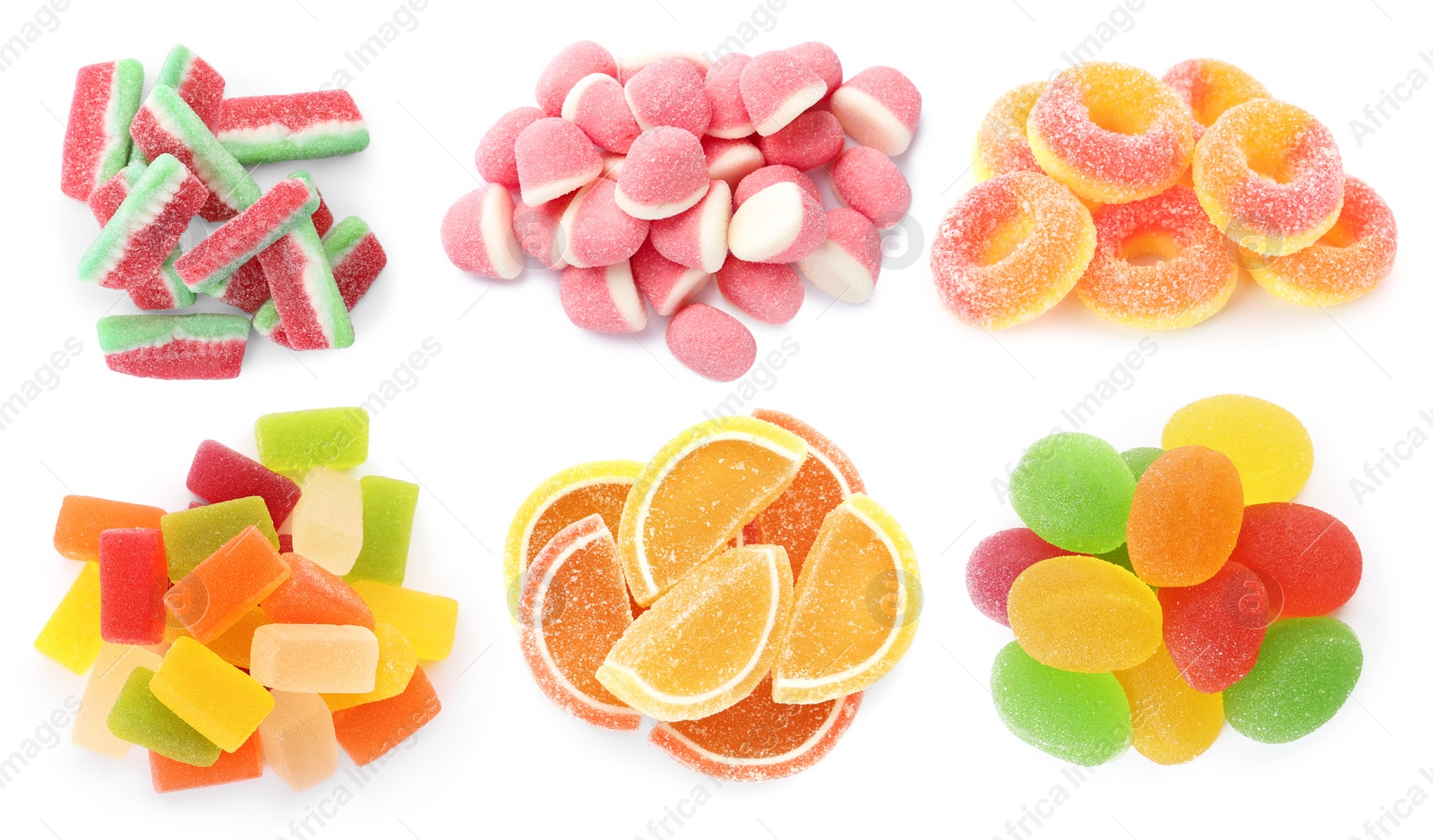 Image of Set of different jelly candies on white background