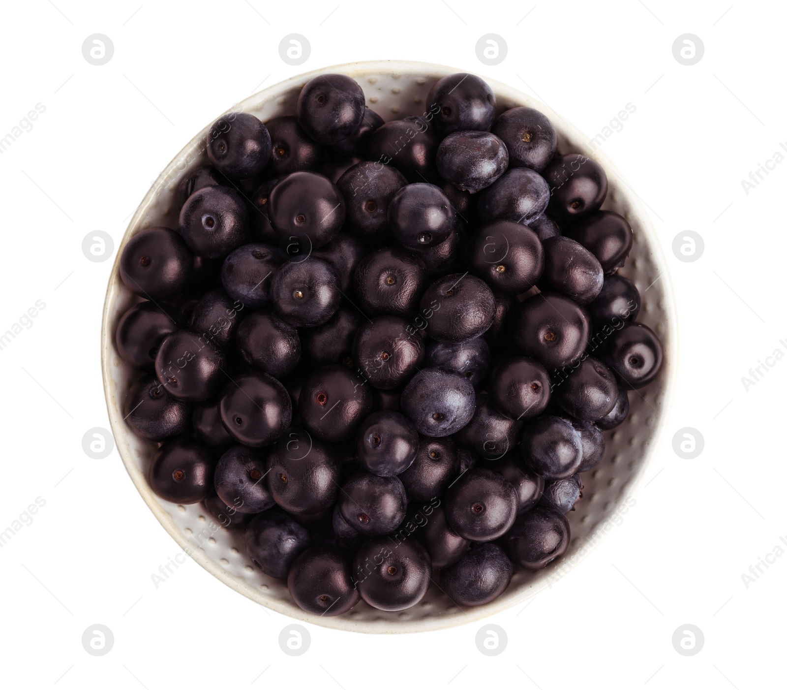 Photo of Ceramic plate with fresh acai berries on white background, top view