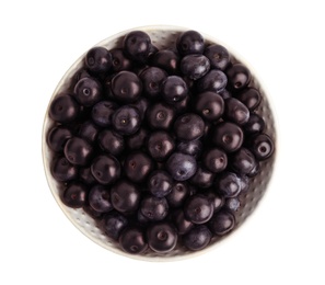 Photo of Ceramic plate with fresh acai berries on white background, top view