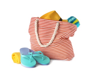 Photo of Composition with bag and beach accessories on white background