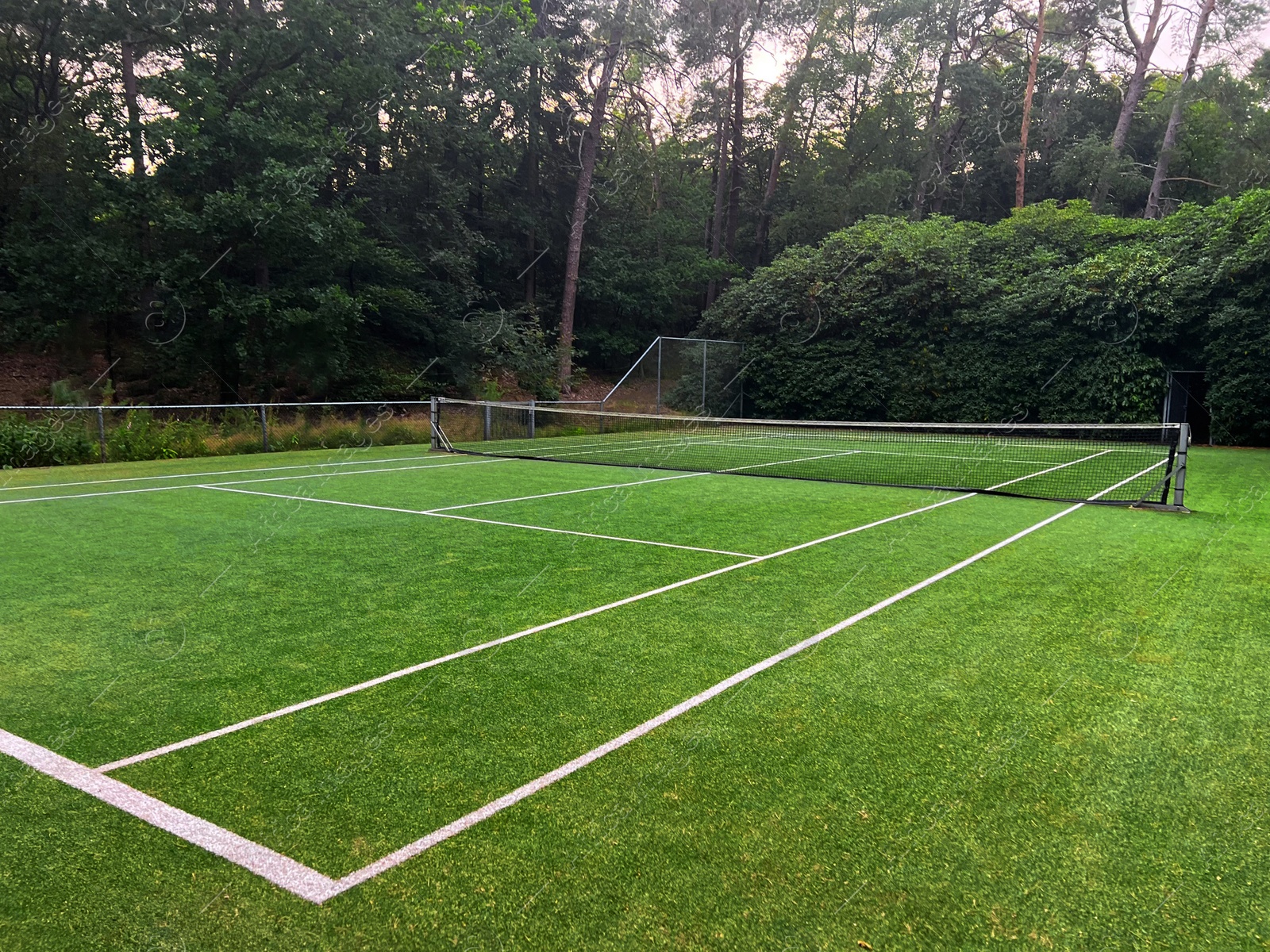 Photo of Tennis court with green grass and net outdoors