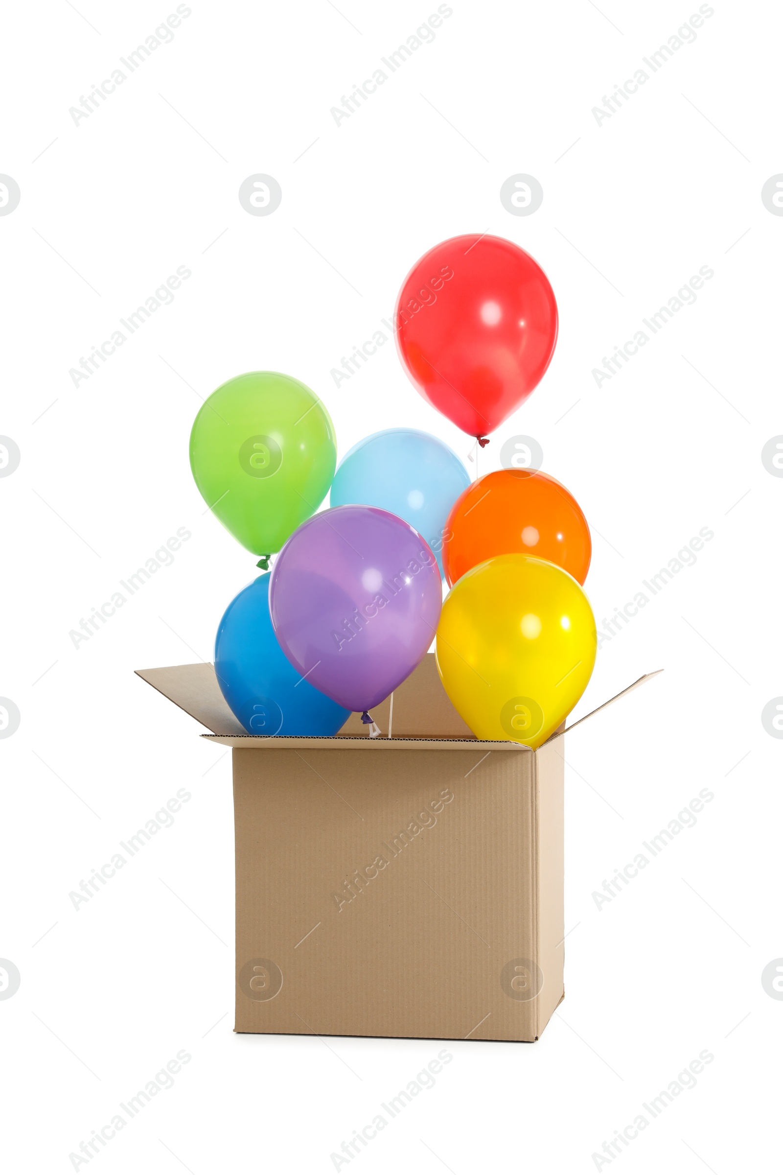 Photo of Gift box with bright air balloons on white background
