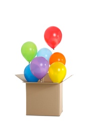 Gift box with bright air balloons on white background