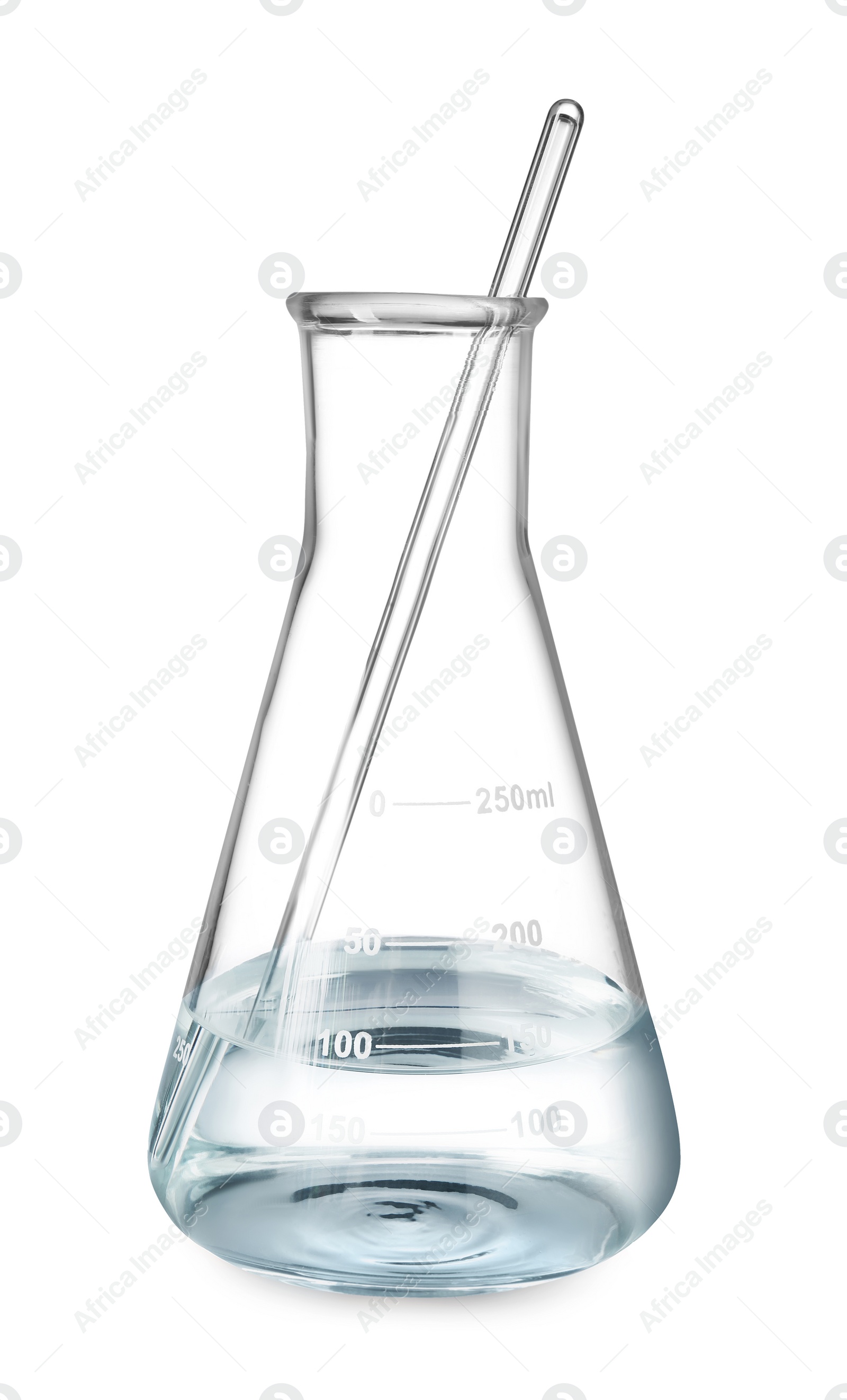 Image of Glass flask with water and stirring rod isolated on white