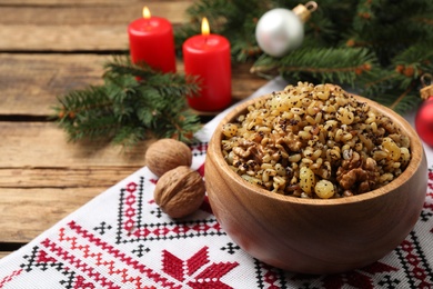 Traditional Christmas slavic dish kutia served on table. Space for text
