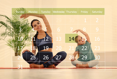 Image of Double exposure of calendar and family doing yoga together at home