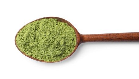 Photo of Spoon of green matcha powder isolated on white, top view