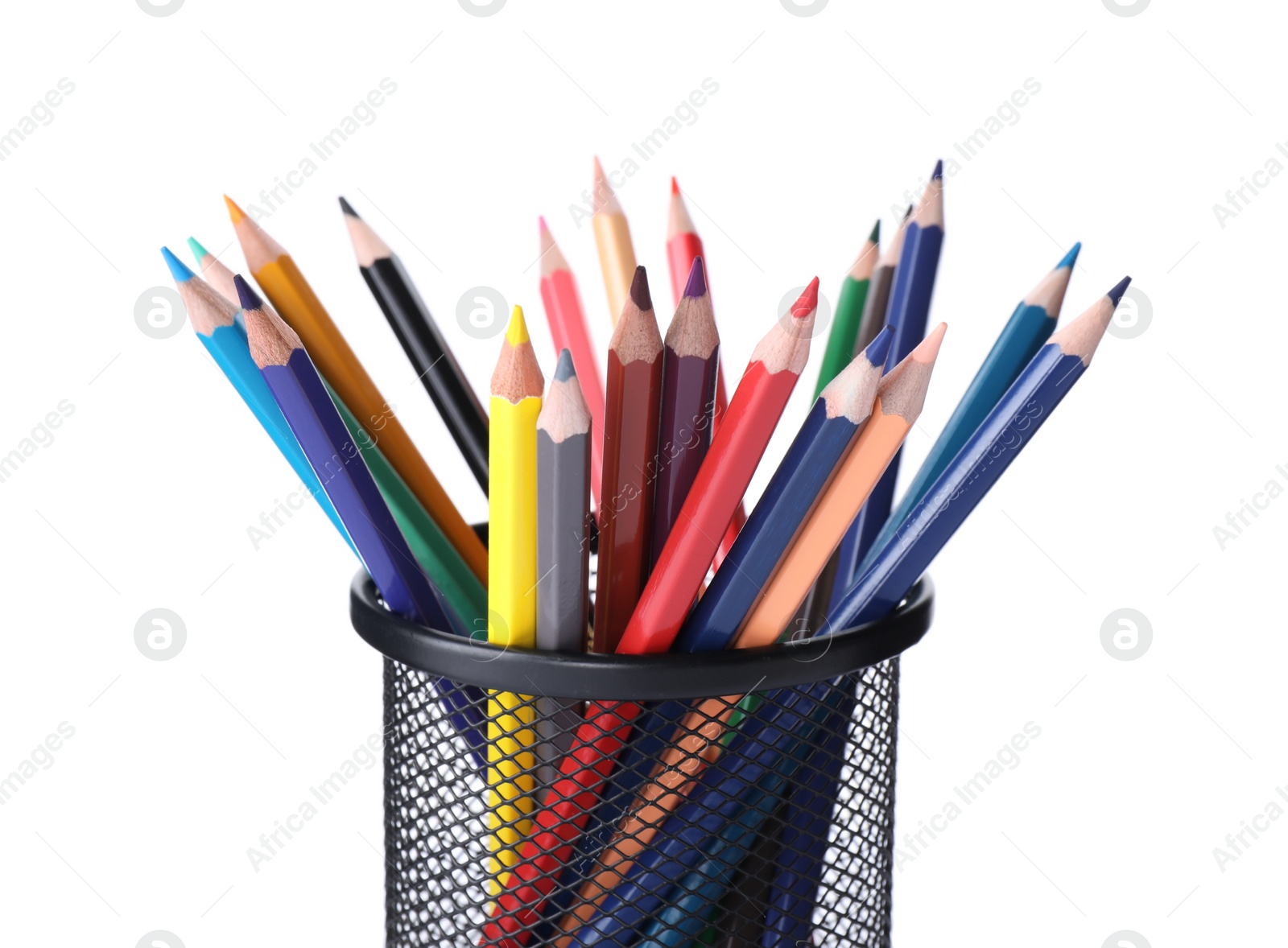 Photo of Many colorful pencils in holder isolated on white