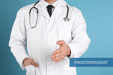 Image of Endocrinologist offering handshake on light blue background, closeup