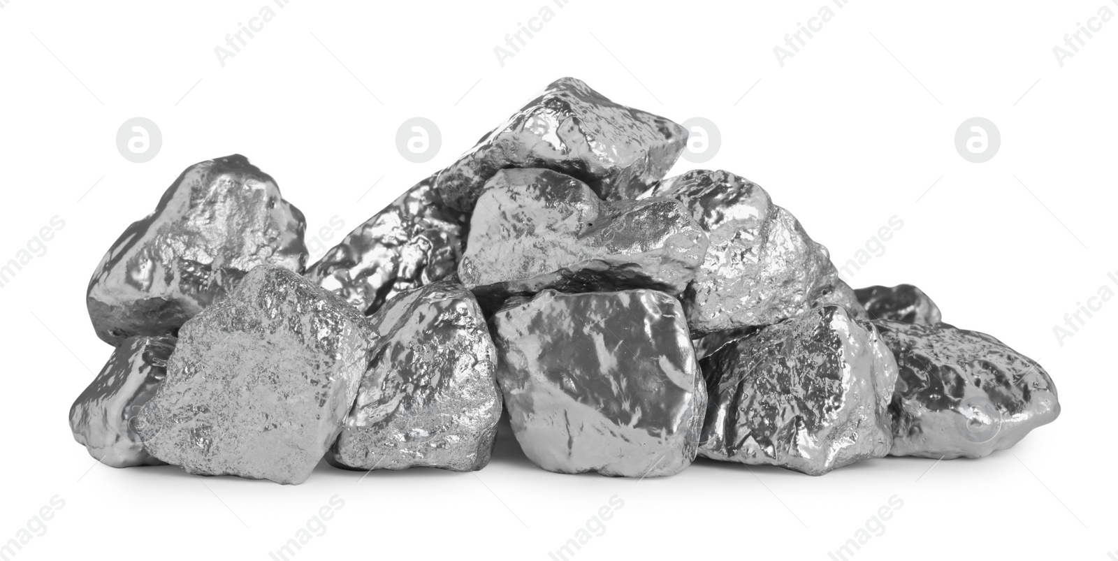 Photo of Many shiny silver nuggets on white background