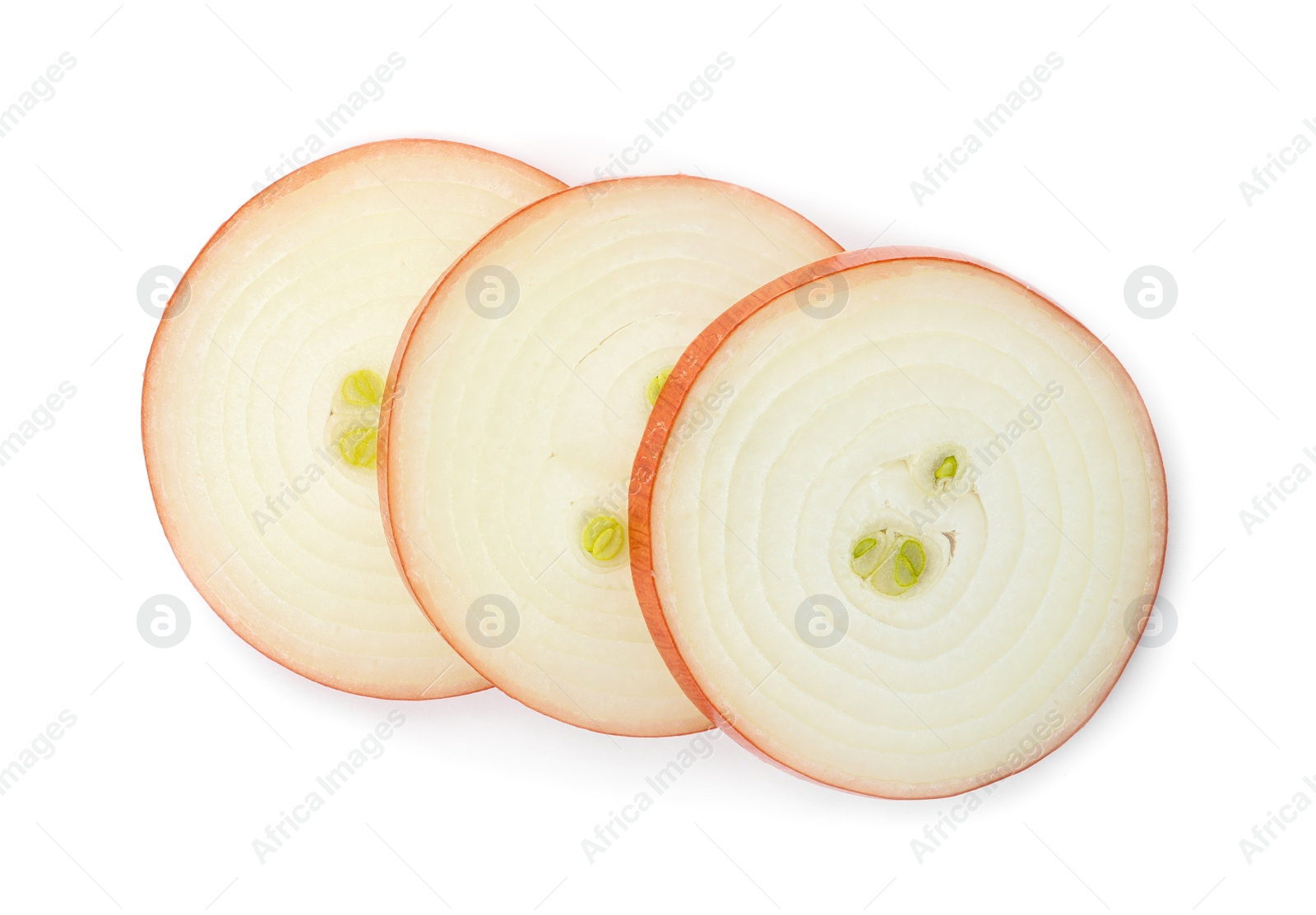 Photo of Slices of raw yellow onion isolated on white, top view