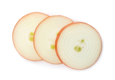 Photo of Slices of raw yellow onion isolated on white, top view