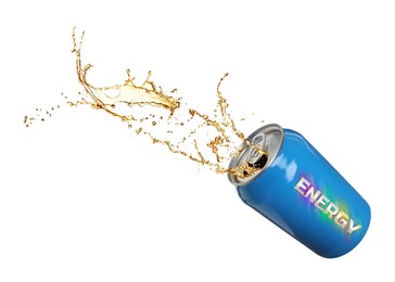 Image of Can of energy drink with splashes on white background