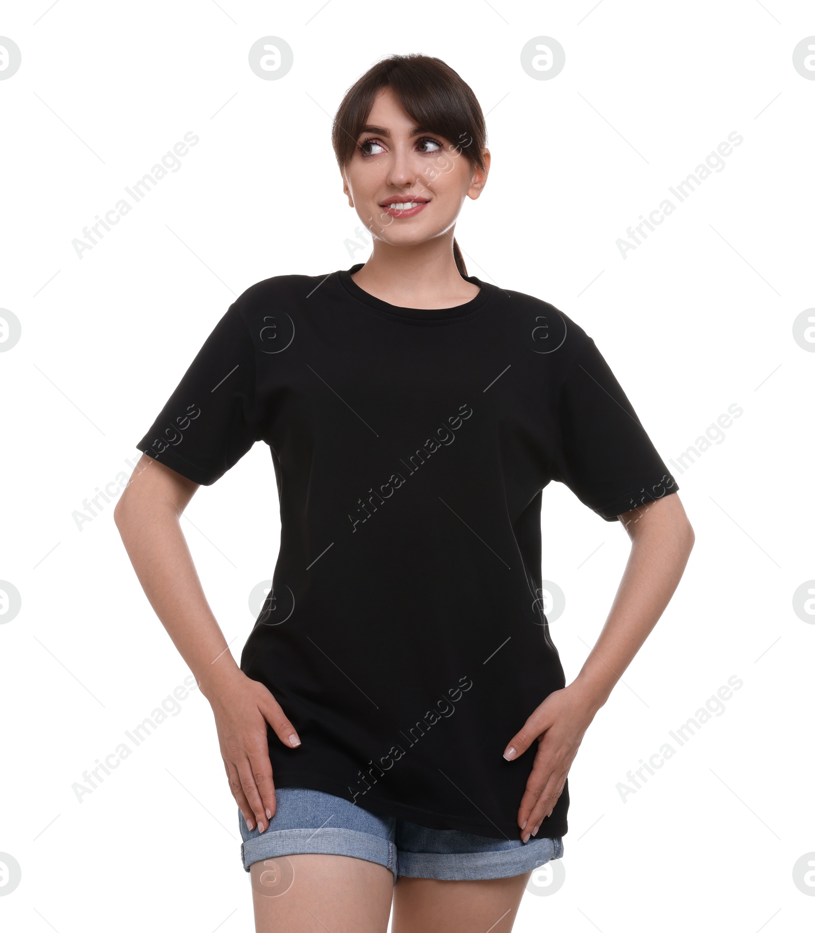 Photo of Smiling woman in stylish black t-shirt on white background