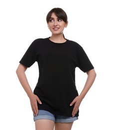 Smiling woman in stylish black t-shirt on white background