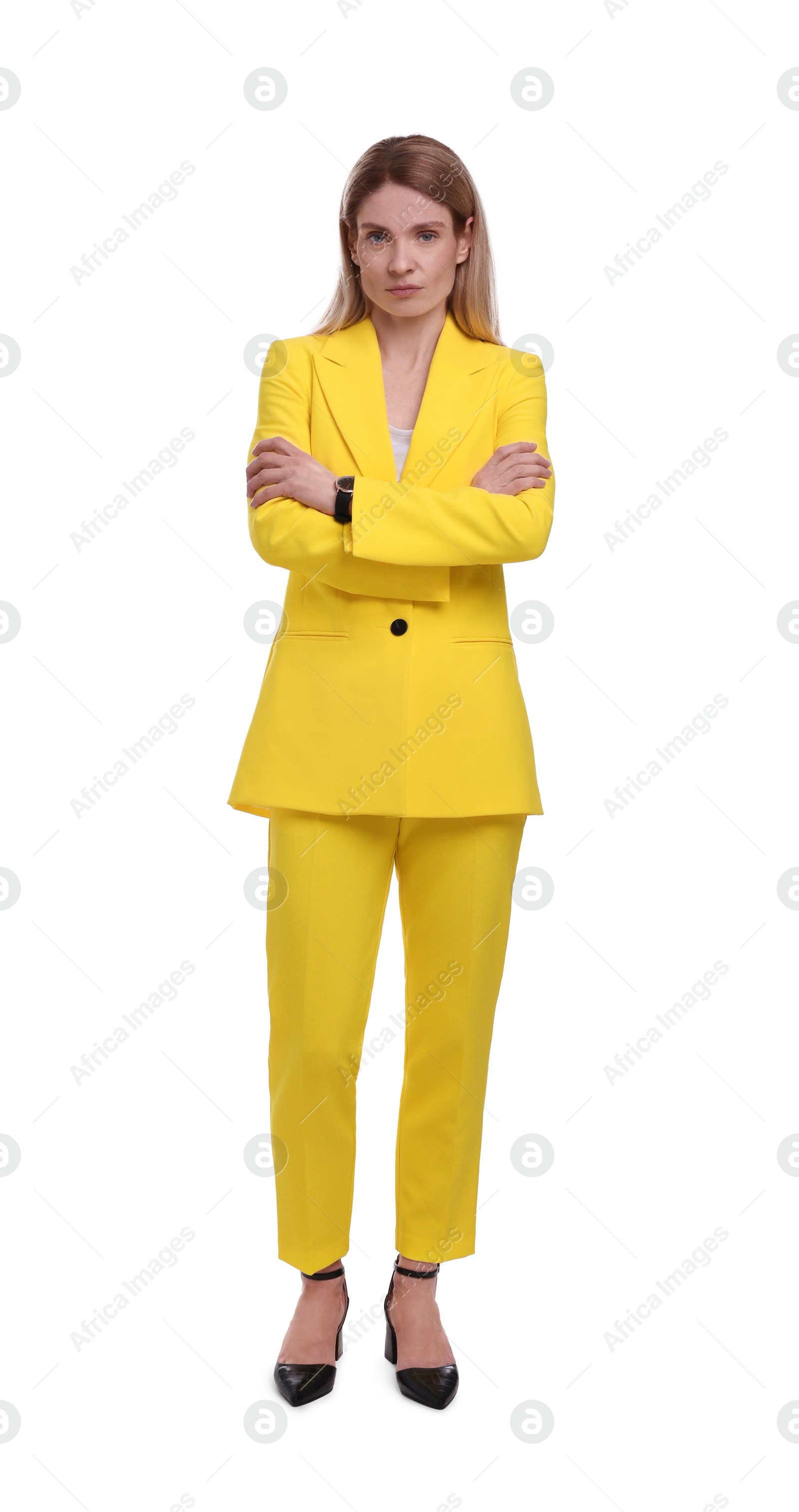 Photo of Beautiful businesswoman crossing arms on white background