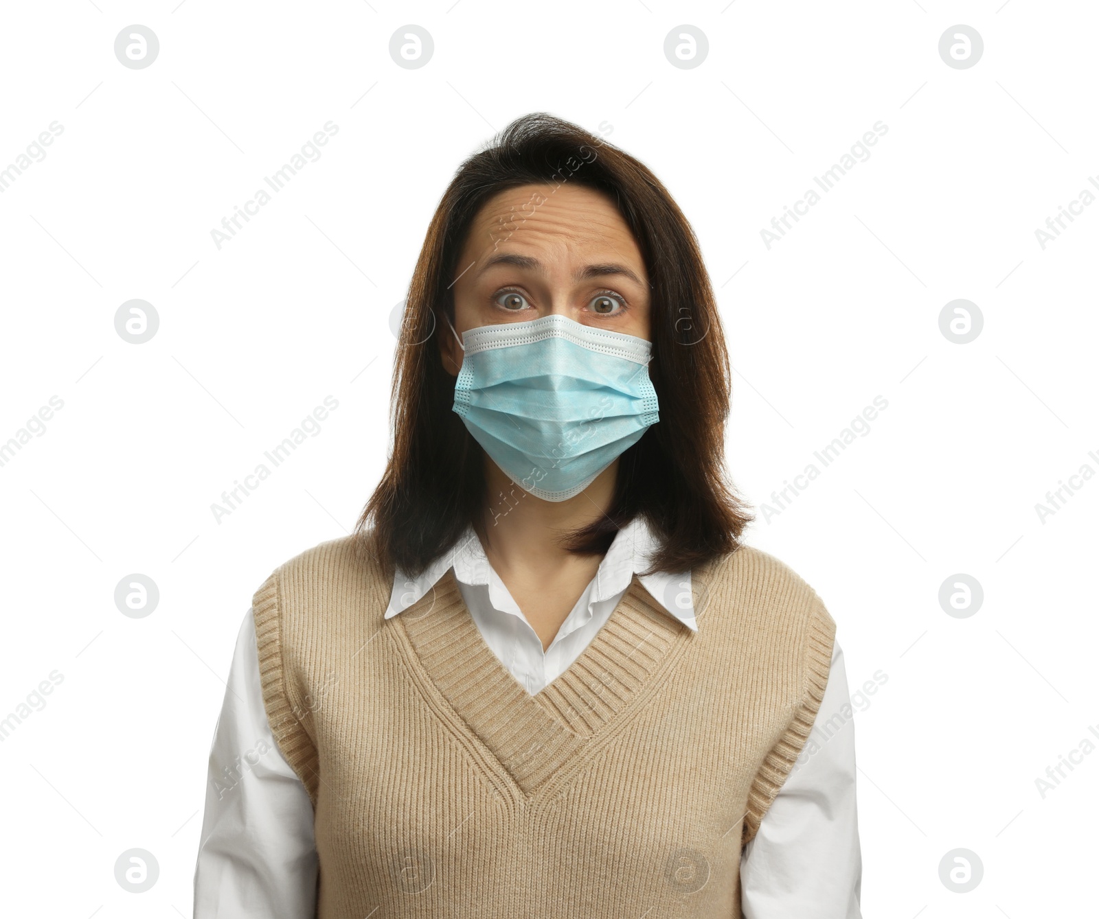 Photo of Mature woman in protective mask feeling fear on white background