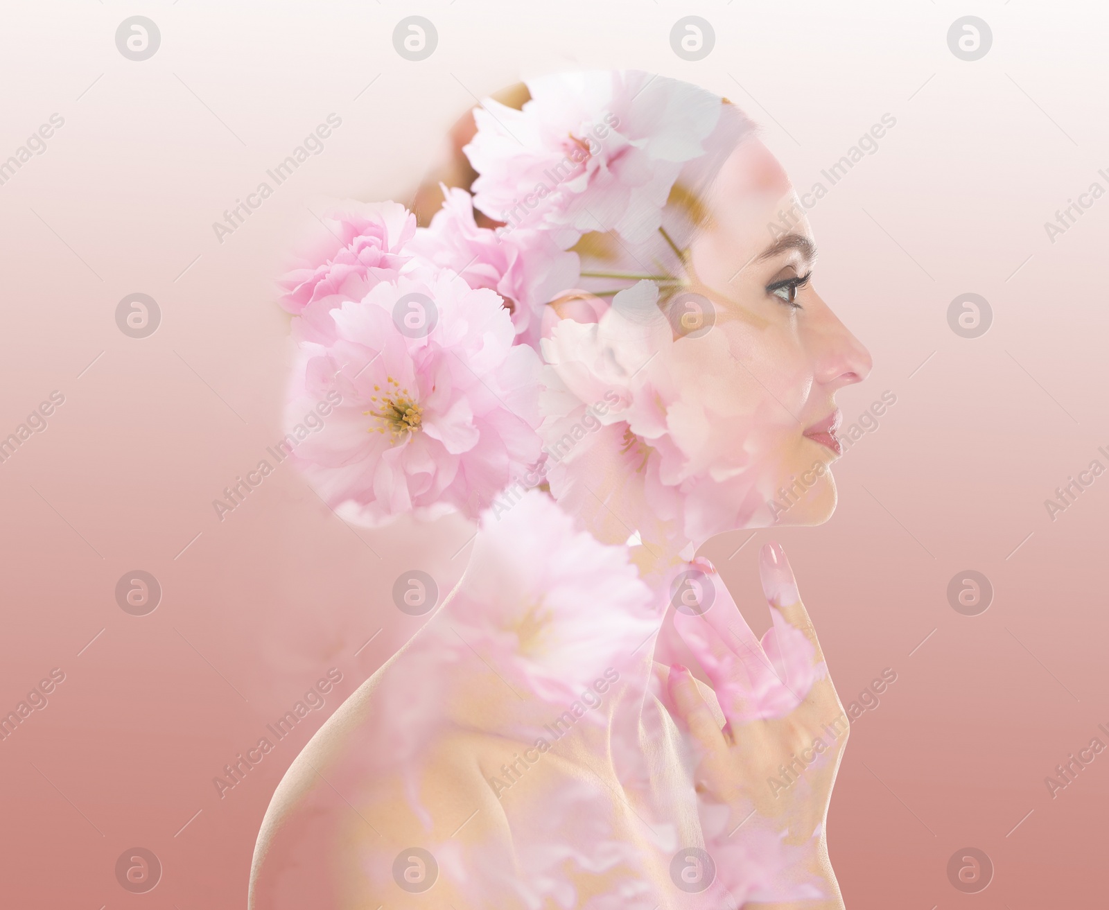 Image of Double exposure of beautiful woman and blooming flowers on color gradient background