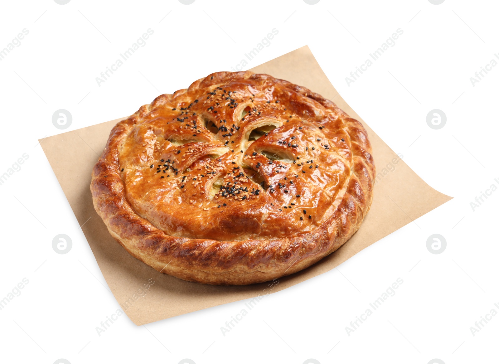 Photo of Tasty homemade pie with filling isolated on white