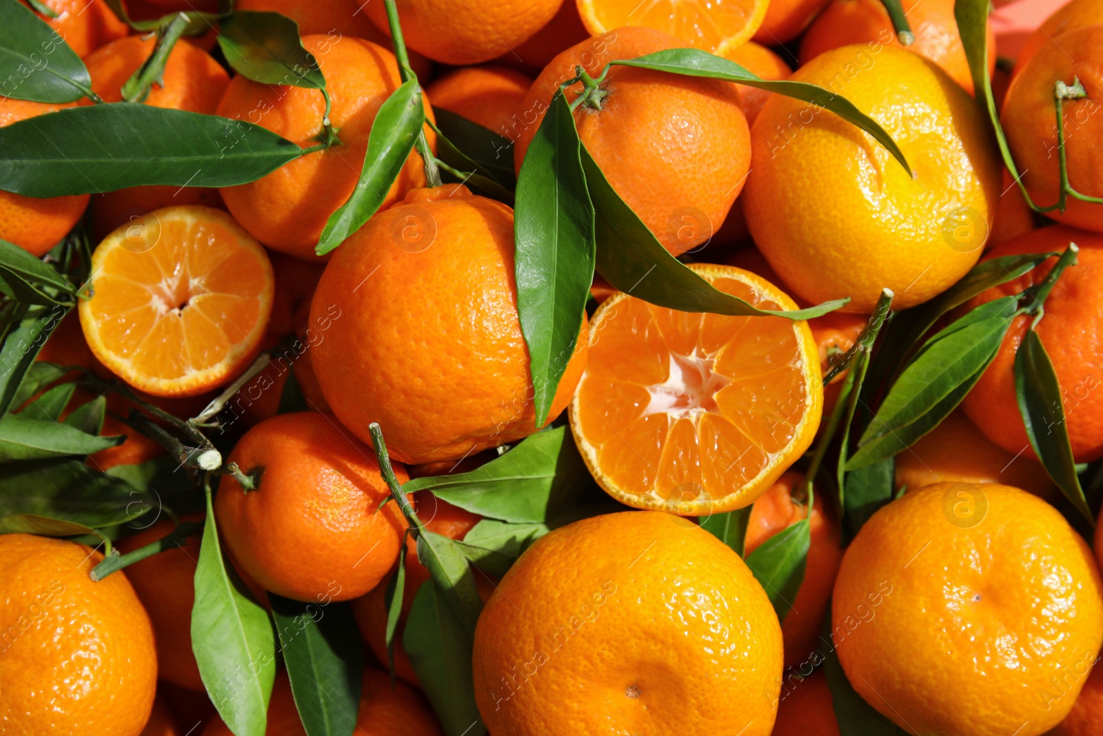 Photo of Many ripe tangerines with leaves as background, top view