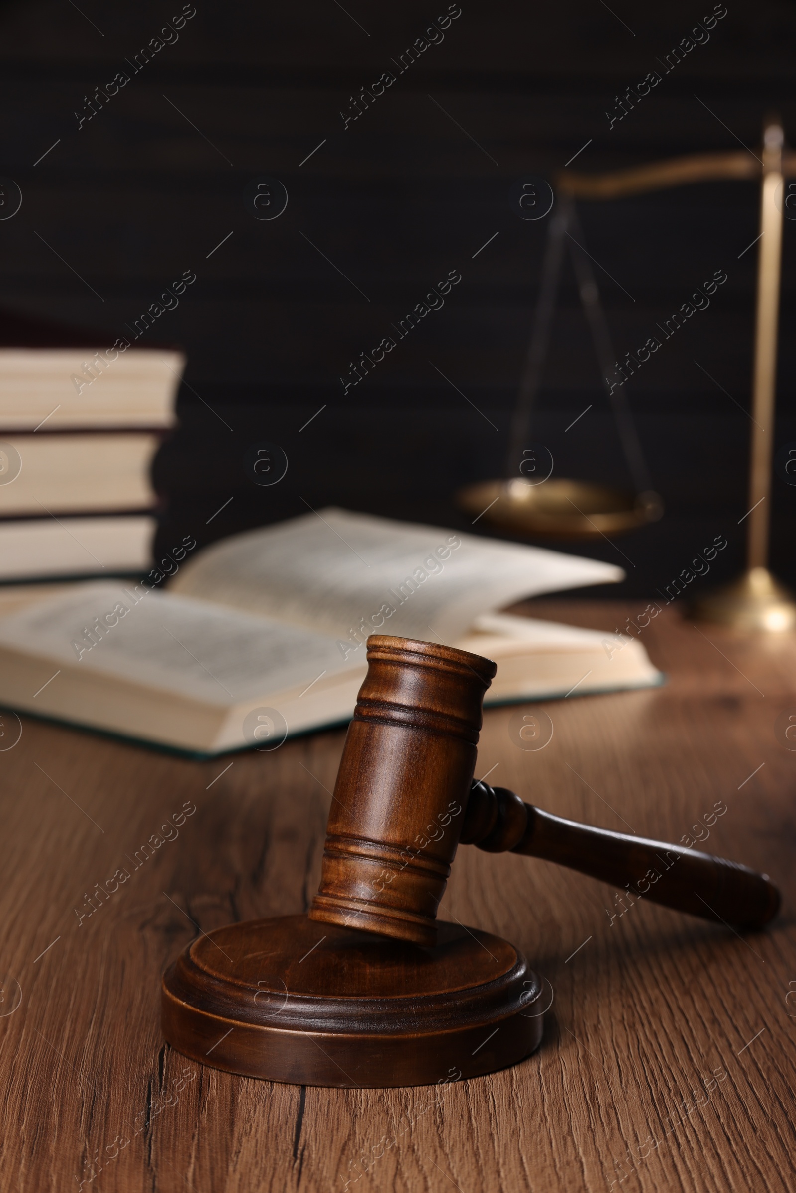 Photo of Law concept. Judge's gavel on wooden table