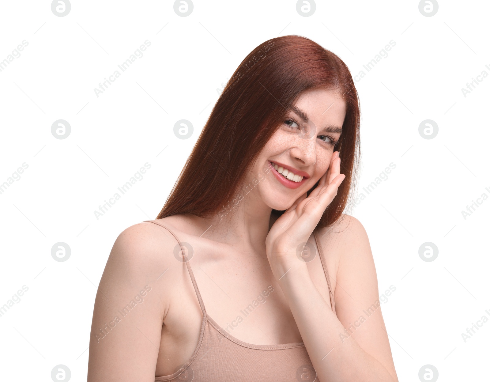 Photo of Portrait of smiling woman on white background