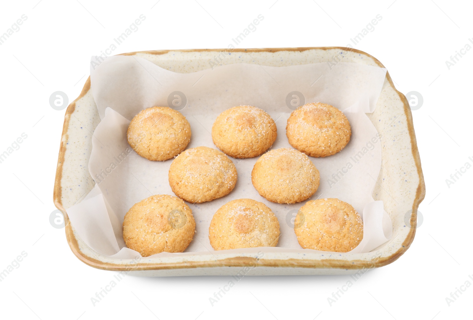 Photo of Tasty sweet sugar cookies in baking dish isolated on white