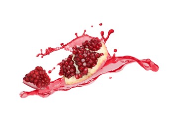 Image of Fresh ripe pomegranate and splash of juice on white background