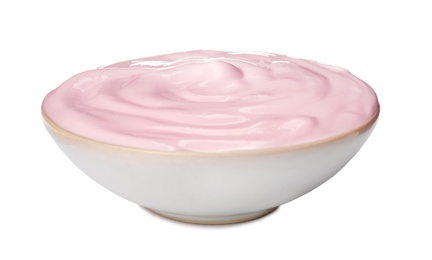 Photo of Bowl with yummy yogurt on white background