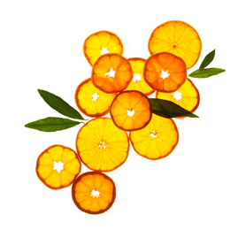 Photo of Slices of fresh ripe tangerines and leaves isolated on white, top view. Citrus fruit