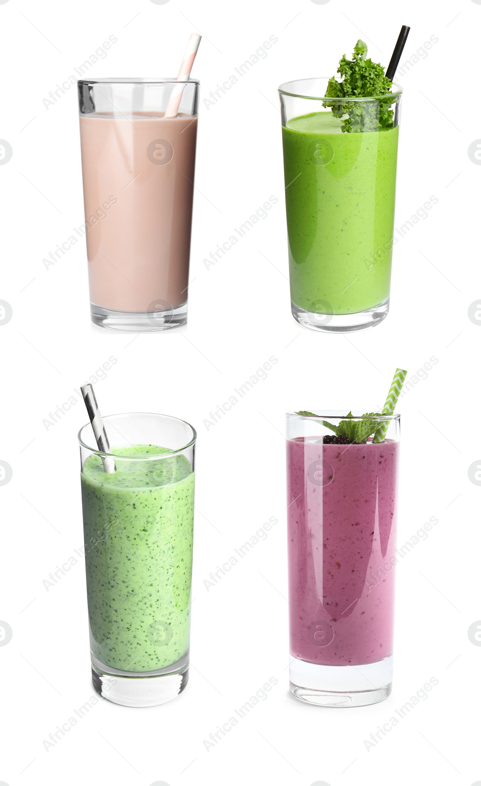 Image of Set of glasses with different protein shakes on white background