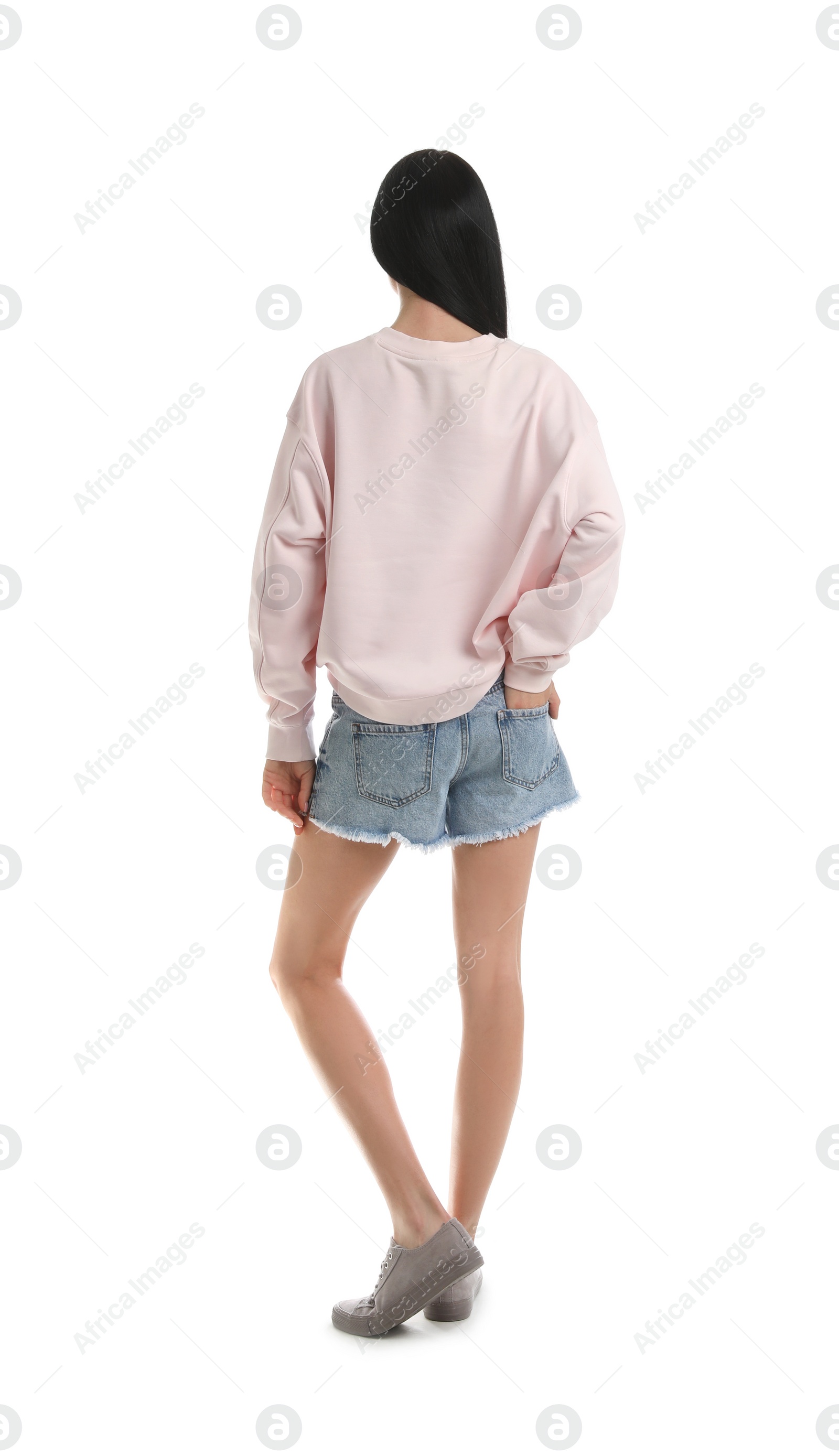 Photo of Young woman in sweater isolated on white. Mock up for design