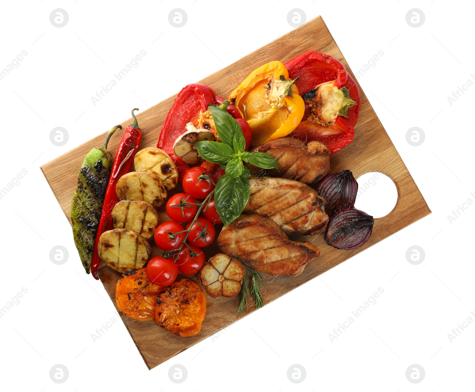 Photo of Wooden board with tasty grilled vegetables, meat, rosemary and basil isolated on white, top view