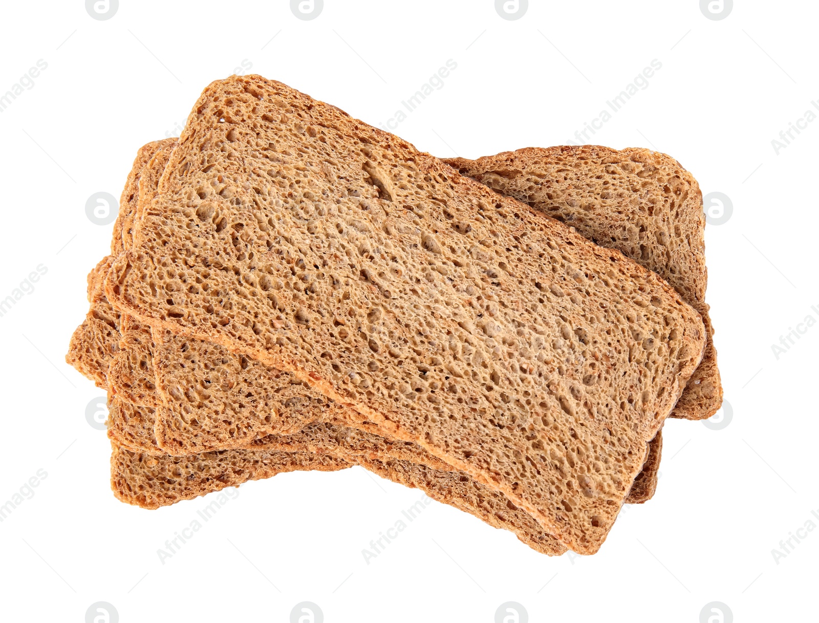 Photo of Stack of fresh rye crispbreads isolated on white, top view