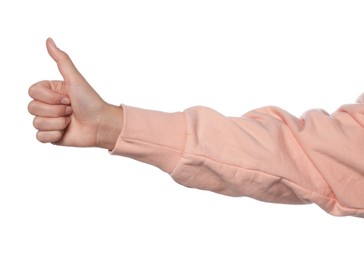 Woman hitchhiking on white background, closeup view